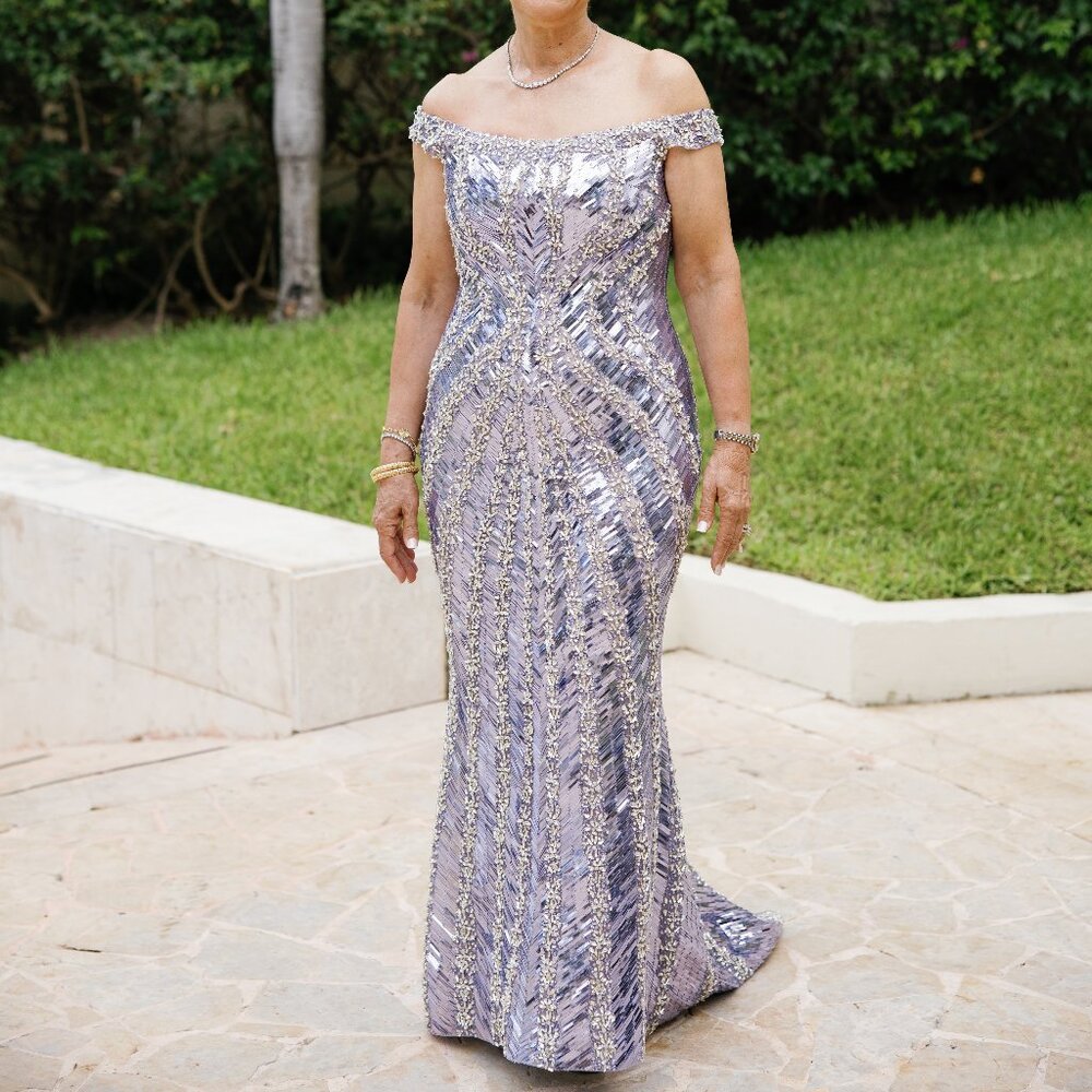 Lilac, Silver, and Light Blue Hand Beaded Gown with Detacheable Beaded Bolero